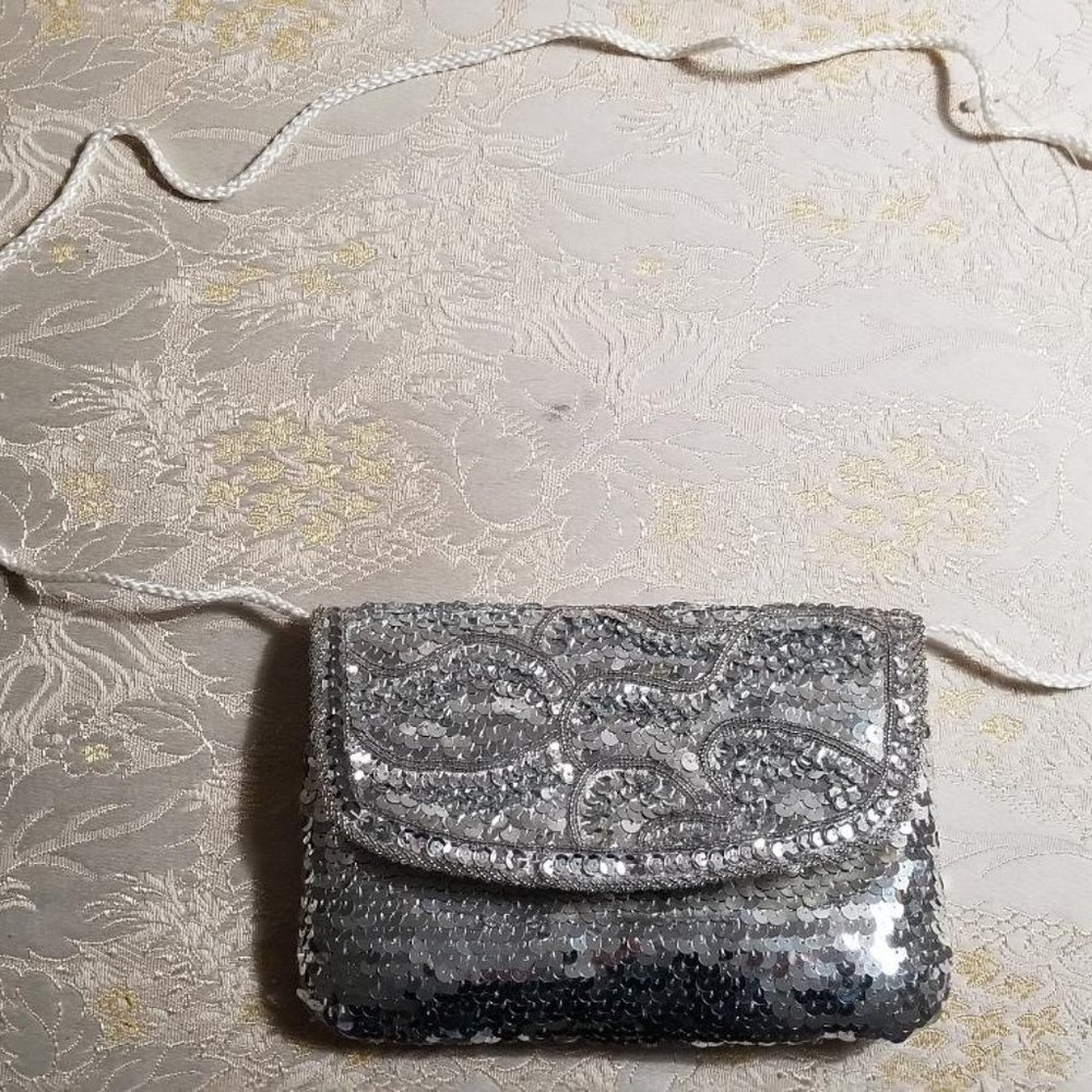 Vintage Silver Sequin Hand Made Evening Clutch with shoulder strap